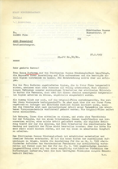 Johannes Cladders, Brief an Hadeko, Düsseldorf, 27.2.1969, masch., Du., Seite 1/2, Archiv Museum Abteiberg