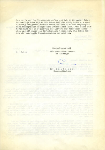 Johannes Cladders, Brief an Hadeko, Düsseldorf, 27.2.1969, masch., Du., Seite 2/2, Archiv Museum Abteiberg