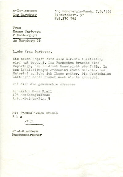 Johannes Cladders, Brief an Hanne Darboven, 7.3.1969, masch., Du., Archiv Museum Abteiberg