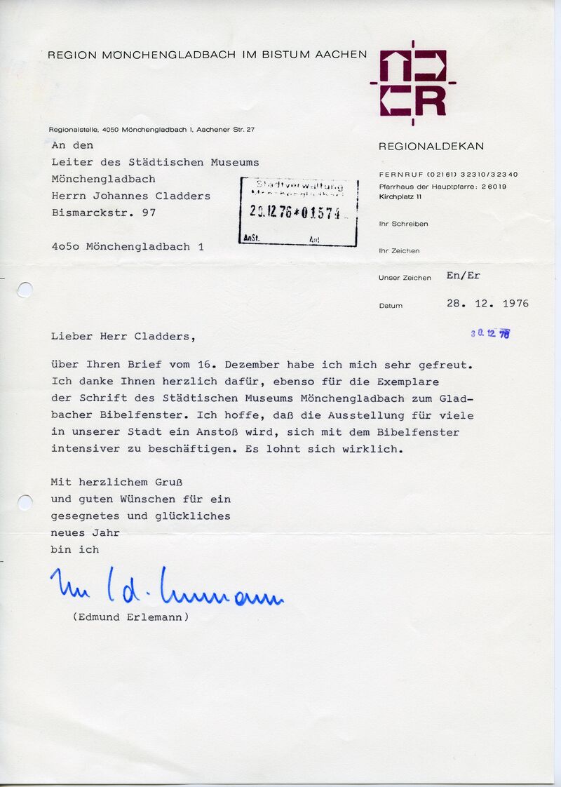 Edmund Erlemann, Brief an Johannes Cladders, 28.12.1976, masch., Archiv Museum Abteiberg