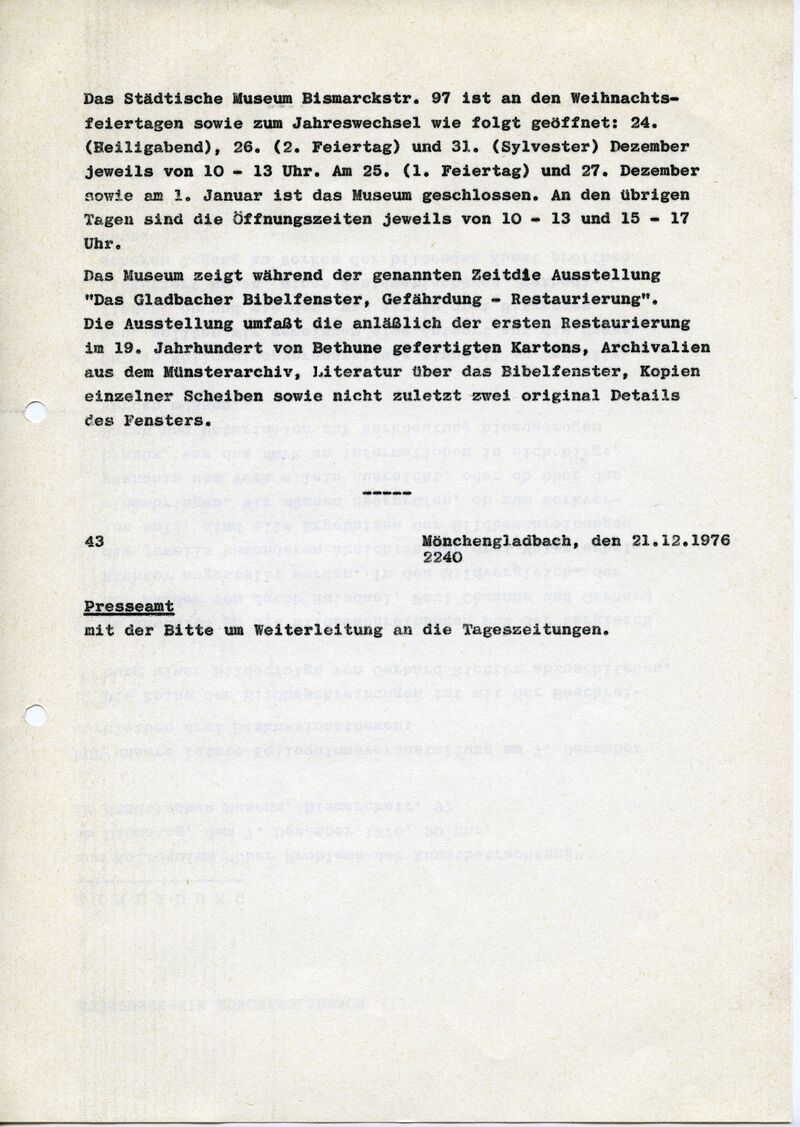 Museum Mönchengladbach, Schreiben an Presseamt, 21.12.1976, masch., Du., Archiv Museum Abteiberg