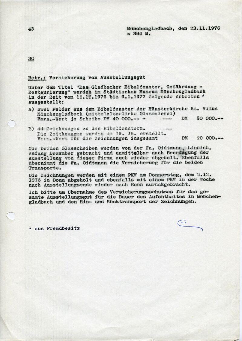 Johannes Cladders, Schreiben zur Versicherung des Ausstellungsguts, 23.11.1976, masch., Du., Archiv Museum Abteiberg