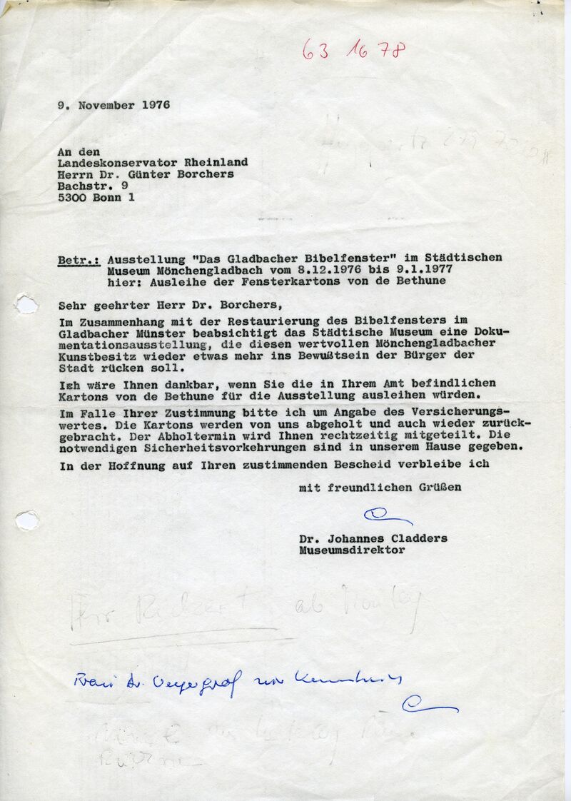 Johannes Cladders, Brief an den Landeskonservator Rheinland, 9.11.1976, masch., Du., Archiv Museum Abteiberg