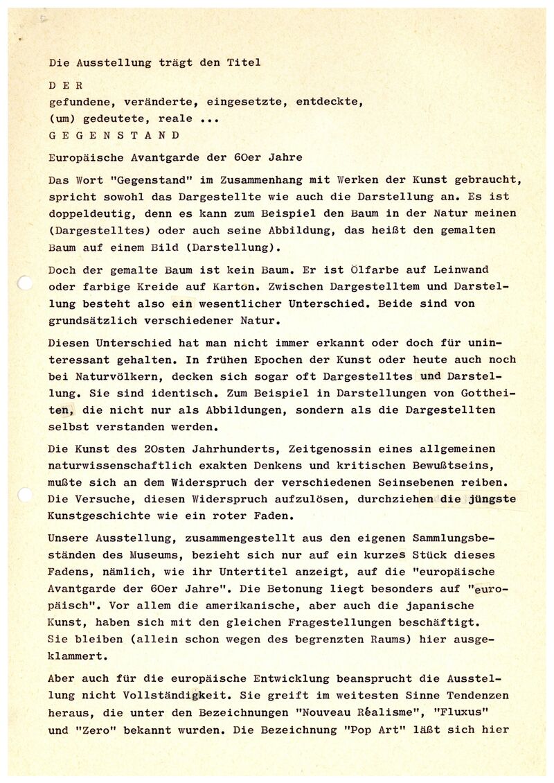 Johannes Cladders, Rede zur Eröffnung der Ausstellung, 1977, Typoskript, Archiv Museum Abteiberg