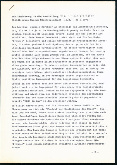 Clara Weyergraf, Rede zur Eröffnung der Ausstellung El Lissitzky, Typoskript, Archiv Museum Abteiberg