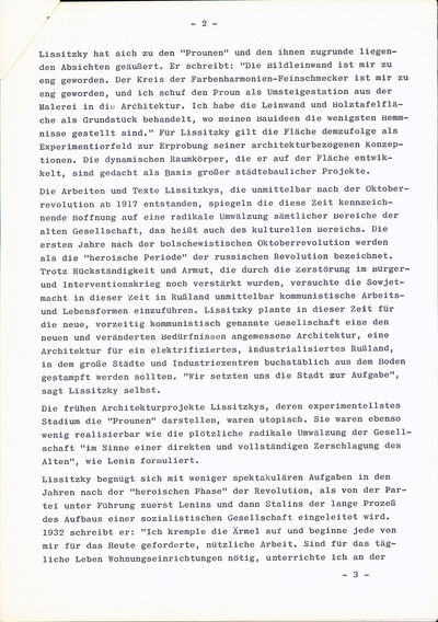 Clara Weyergraf, Rede zur Eröffnung der Ausstellung El Lissitzky, Typoskript, S. 2, Archiv Museum Abteiberg