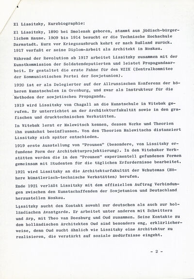 Biografie El Lissitzky, Typoskript, S. 1, Archiv Museum Abteiberg