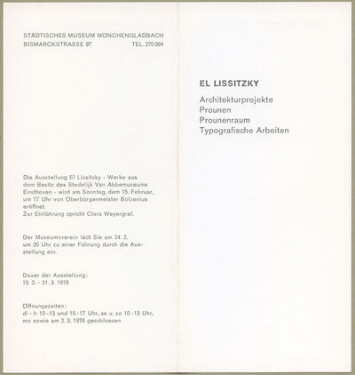 El Lissitzky. Architekturprojekte, Prounen, Prounenraum, Typografische Arbeiten [Werke aus dem Stedelijk Van Abbemuseum Eindhoven]