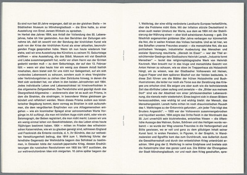 Msgr. Erich Stephany, Eröffnungsansprache zur Ausstellung Ernst Jansen-Winkeln, Druckschrift, Archiv Museum Abteiberg