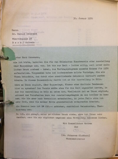 Johannes Cladders, Brief an Harald Szeemann, 30.1.1970, masch., Du., Archiv Museum Abteiberg