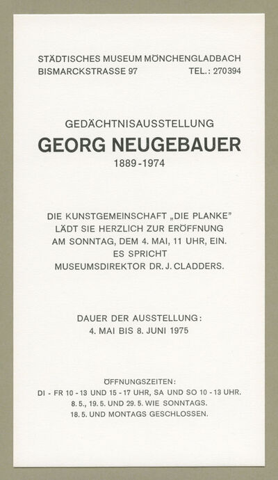 Gedächtnisausstellung Heinrich Dieckmann, 1890–1963 und Gedächtnisausstellung Georg Neugebauer, 1889–1974