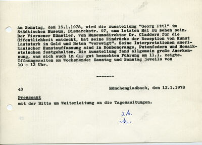 Museum Mönchengladbach, Schreiben an Presseamt, 12.1.1978, masch., Du., Archiv Museum Abteiberg