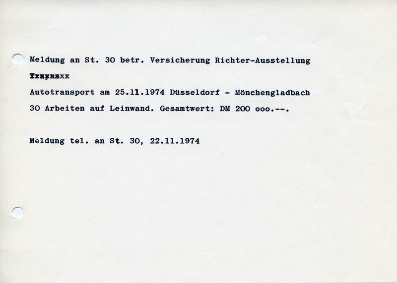 Museum Mönchengladbach, Meldung Versicherung/ Transport, 22.11.1974, Archiv Museum Abteiberg