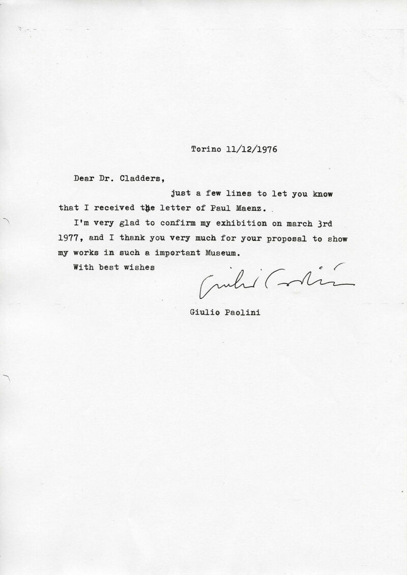 Giulio Paolini, Brief an Johannes Cladders, 11.12.1976, masch., Archiv Museum Abteiberg