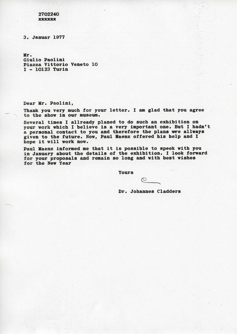 Johannes Cladders, Brief an Giulio Paolini, 3.1.1977, masch., Du., Archiv Museum Abteiberg
