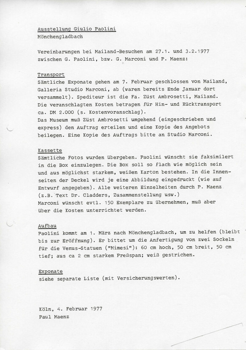 Paul Maenz, Bericht zum Ausstellungsvorhaben Paolini, 4.2.1977, masch., Archiv Museum Abteiberg