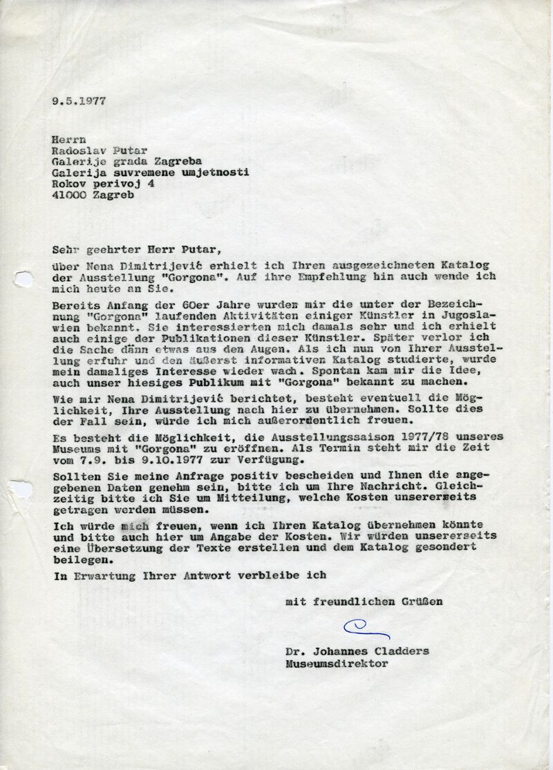 Johannes Cladders, Brief an Radoslav Putar, 9.5.1977, masch., Du., Archiv Museum Abteiberg