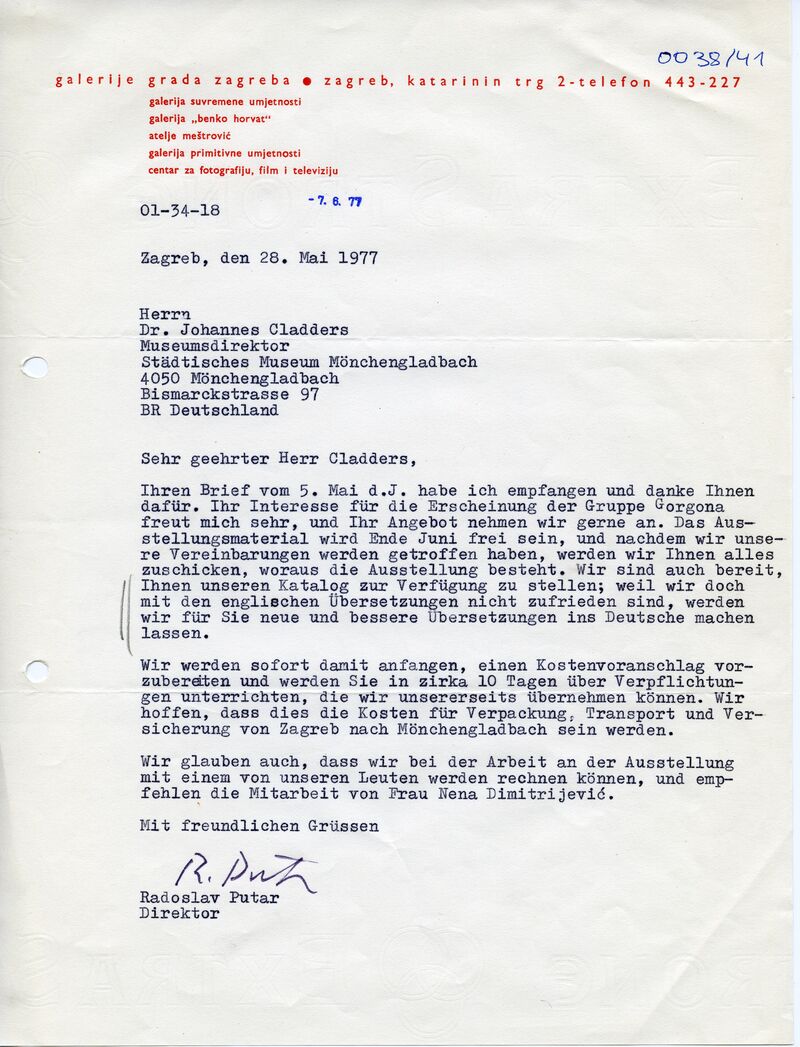Radoslav Putar, Brief an Johannes Cladders, 28.5.1977, masch., Archiv Museum Abteiberg