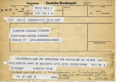 Radoslav Putar, Telegramm an Johannes Cladders, 29.8.1977, Archiv Museum Abteiberg