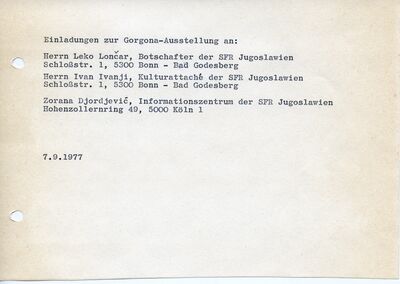 Museum Mönchengladbach, Liste für Einladungen Ausstellung Gorgona, 7.9.1977, Archiv Museum Abteiberg