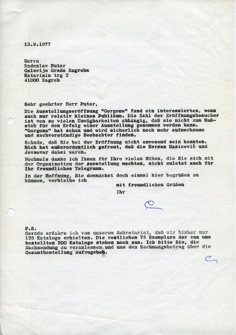 Johannes Cladders, Brief an Radoslav Putar, 13.9.1977, masch., Du., Archiv Museum Abteiberg