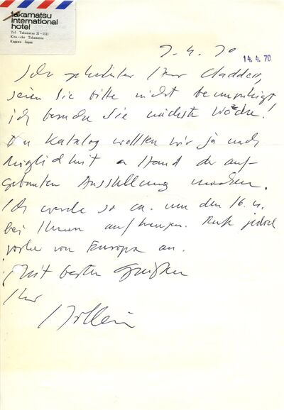 Hans Hollein, Brief an Johannes Cladders, 7.4.1970, hs., Archiv Museum Abteiberg, © Nachlass Hans Hollein