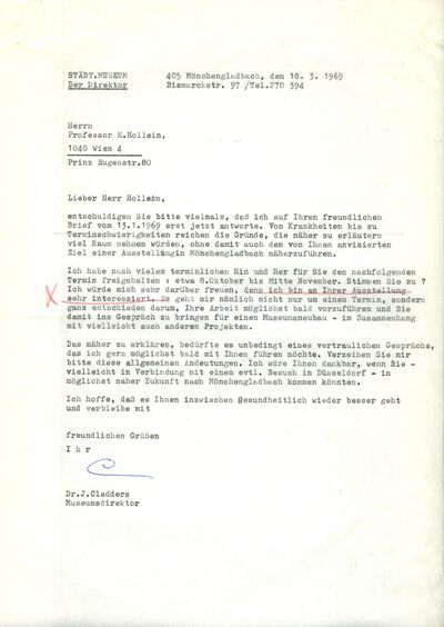Johannes Cladders, Brief an Hans Hollein, 18.3.1969, masch. Du., Archiv Museum Abteiberg