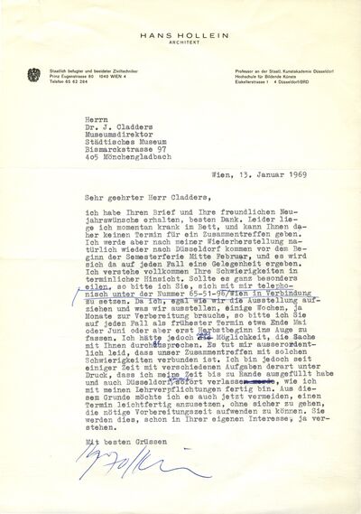 Hans Hollein, Brief an Johannes Cladders, 13.1.1969, masch., Archiv Museum Abteiberg, © Nachlass Hans Hollein