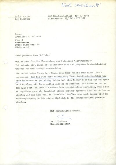 Johannes Cladders, Brief an Hans Hollein, 12.8.1968, masch. Du., Archiv Museum Abteiberg