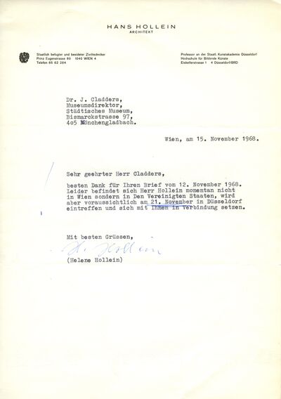 Helene Hollein, Brief an Johannes Cladders, 15.11.1968, masch., Archiv Museum Abteiberg, © Nachlass Hans Hollein