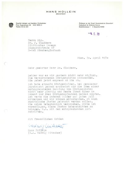 Hans Hollein (Hedwig Mitscher), Brief an Johannes Cladders, 30.4.1970, masch., Archiv Museum Abteiberg, © Nachlass Hans Hollein
