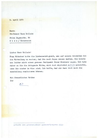Johannes Cladders, Brief an Hans Hollein, 9.4.1970, masch., Du., Archiv Museum Abteiberg