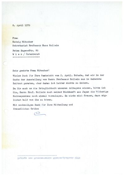 Johannes Cladders, Brief an Hedwig Mitscher, 8.4.1970, masch., Du., Archiv Museum Abteiberg