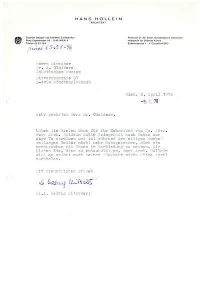 Hedwig Mitscher, Brief an Johannes Cladders, 2.4.1970, masch., Archiv Museum Abteiberg, © Nachlass Hans Hollein