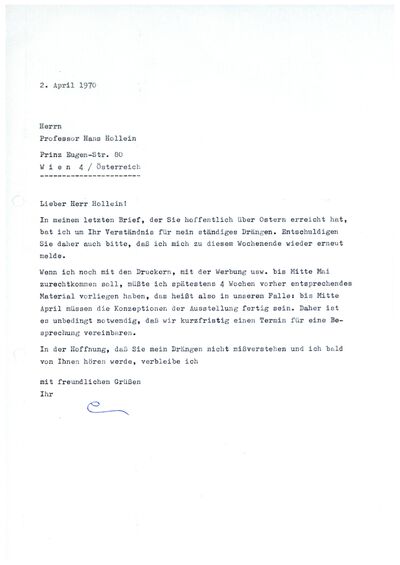 Johannes Cladders, Brief an Hans Hollein, 2.4.1970, masch., Du., Archiv Museum Abteiberg