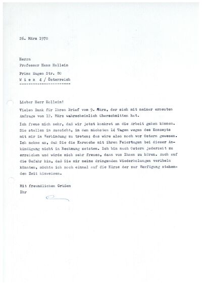 Johannes Cladders, Brief an Hans Hollein, 26.3.1970, masch., Du., Archiv Museum Abteiberg