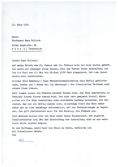 Johannes Cladders, Brief an Hans Hollein, 12.3.1970, masch., Du., Archiv Museum Abteiberg