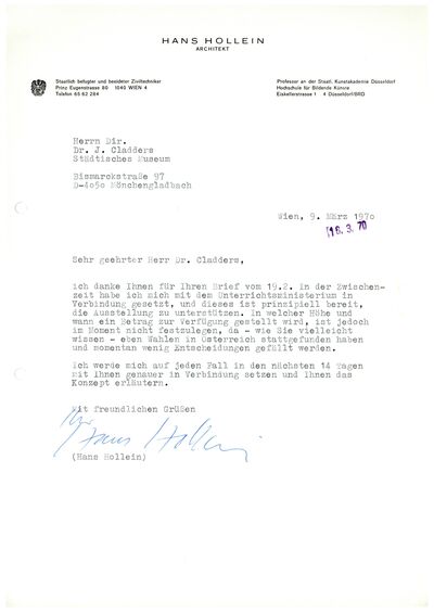 Hans Hollein, Brief an Johannes Cladders, 9.3.1970, masch., Archiv Museum Abteiberg, © Nachlass Hans Hollein
