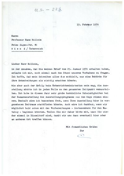 Johannes Cladders, Brief an Hans Hollein, 19.2.1970, masch., Du., Archiv Museum Abteiberg