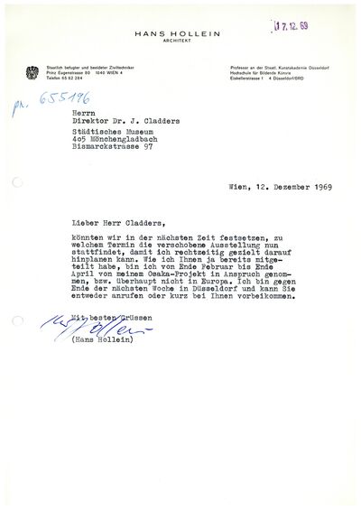 Hans Hollein, Brief an Johannes Cladders, 12.12.1969, masch., Archiv Museum Abteiberg, © Nachlass Hans Hollein