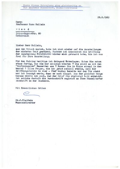 Johannes Cladders, Brief an Hans Hollein, 28.8.1969, masch., Du., Archiv Museum Abteiberg