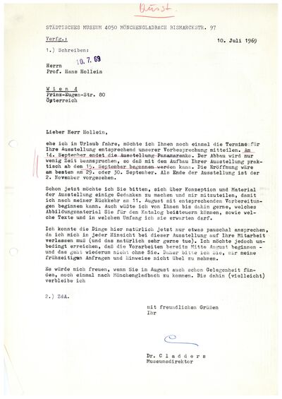 Johannes Cladders, Brief an Hans Hollein, 10.7.1969, masch. Du, Archiv Museum Abteiberg