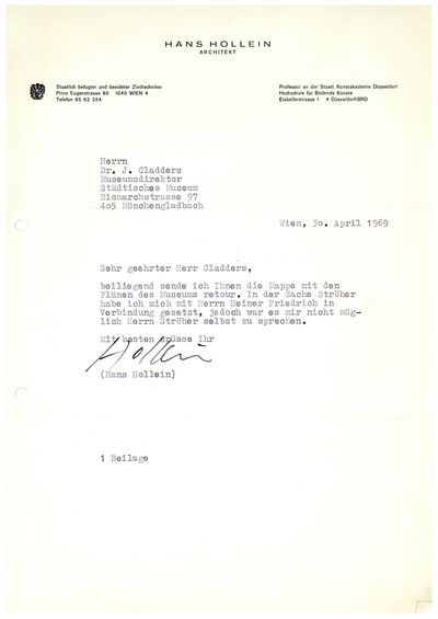 Hans Hollein, Brief an Johannes Cladders, 30.4.1969, masch., Archiv Museum Abteiberg, © Nachlass Hans Hollein