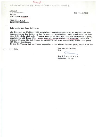 Johannes Cladders, Brief an Hans Hollein, 16.4.1969, masch., Du., Archiv Museum Abteiberg