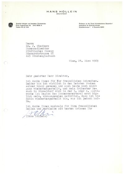 Hans Hollein, Brief an Johannes Cladders, 21.3.1969, masch., Archiv Museum Abteiberg, © Nachlass Hans Hollein