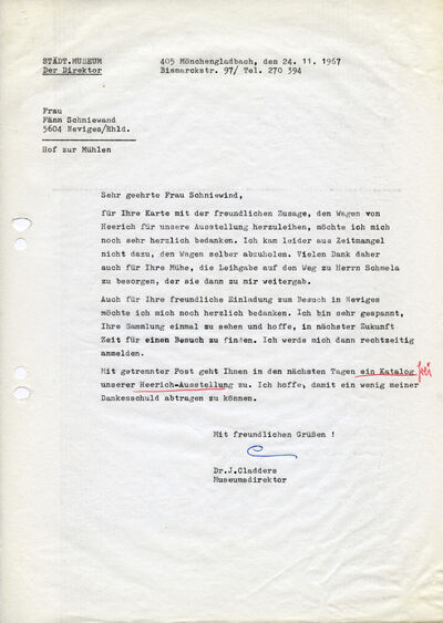 Johannes Cladders, Brief an Fänn Schniewind, 24.11.1967, masch., Du., Archiv Museum Abteiberg