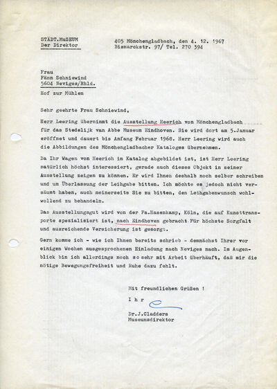 Johannes Cladders, Brief an Fänn Schniewind, 4.12.1967, masch., Du., Archiv Museum Abteiberg