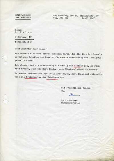 Johannes Cladders, Brief an D. Helms, 24.11.1967, masch., Du., Archiv Museum Abteiberg