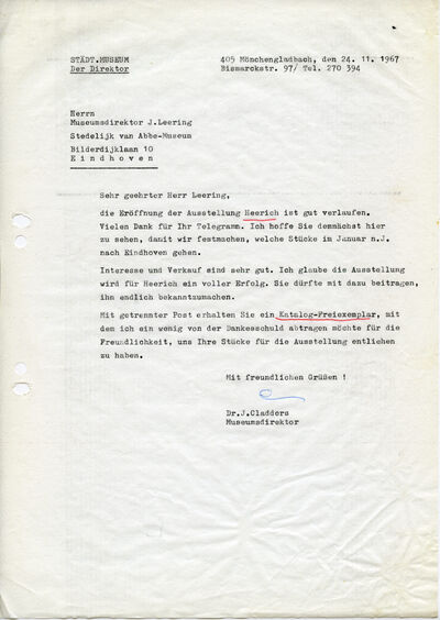 Johannes Cladders, Brief an Jean Leering, 24.11.1967, masch., Du., Archiv Museum Abteiberg