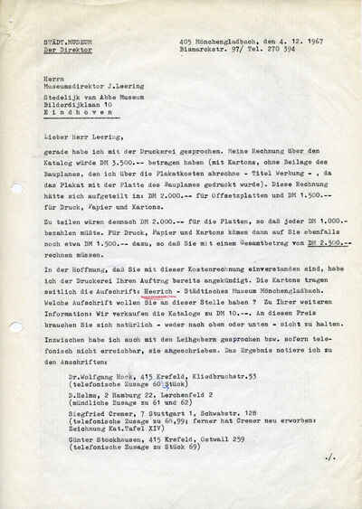 Johannes Cladders, Brief an Jean Leering, 4.12.1967, masch., Du., Seite 1/2, Archiv Museum Abteiberg